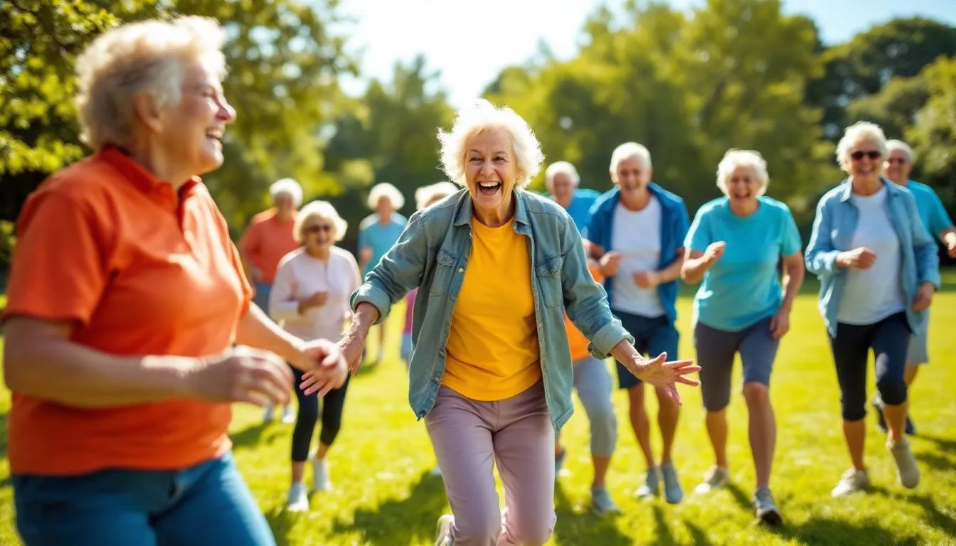 Seniors participating in fun outdoor activities like dancing and playing games to stay fit.