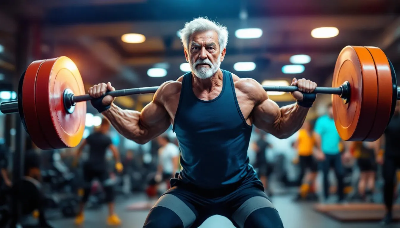 An older adult lifting weights in a gym, emphasizing strength training for fitness levels.