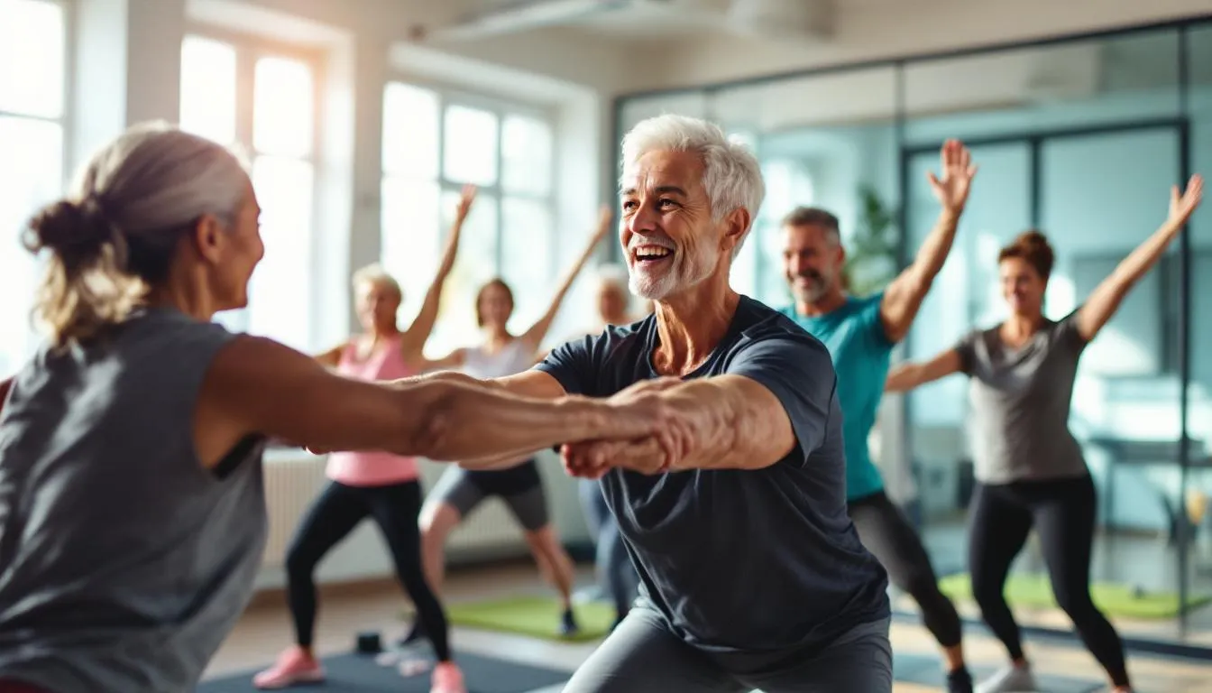 An instructor leading a fitness class for individuals over 50, demonstrating various types of exercises.