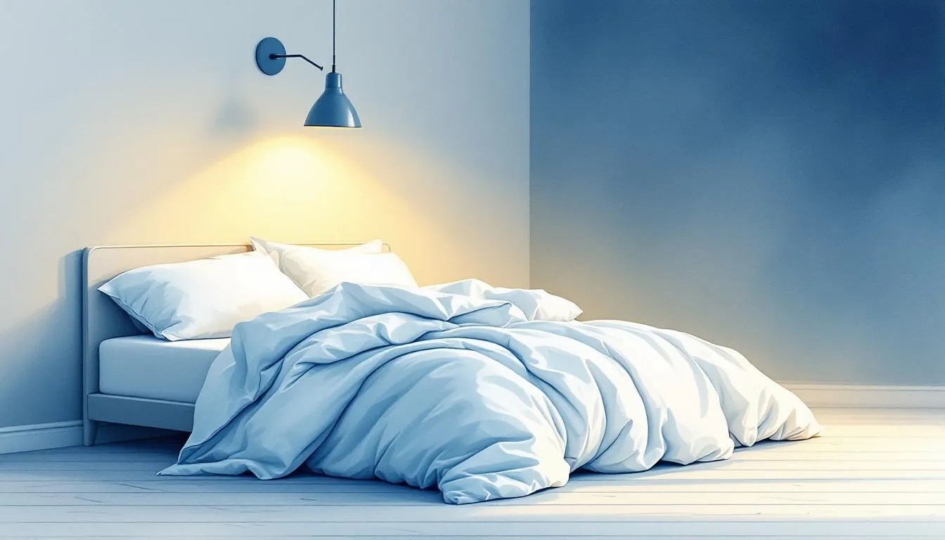 A calming sleep environment with dim lighting and comfortable bedding.