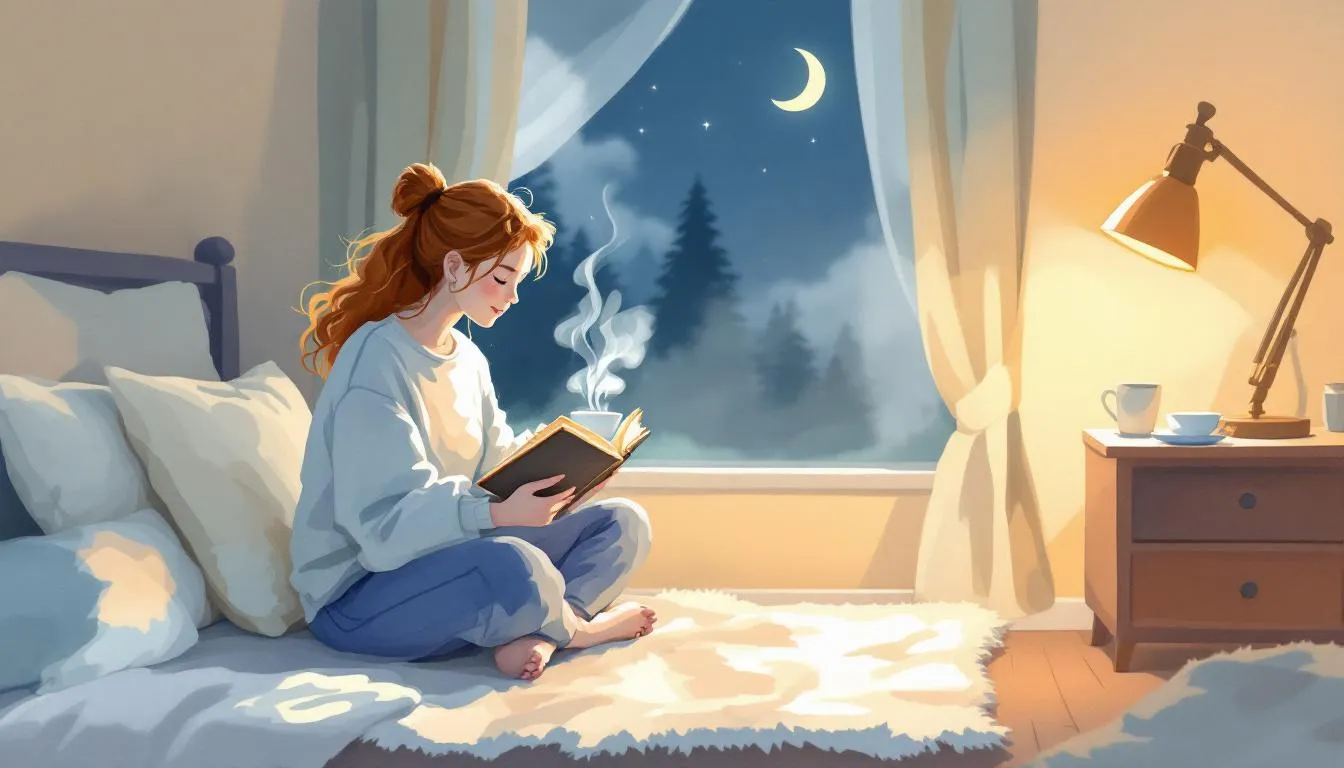A calming bedtime ritual with herbal tea and a book.