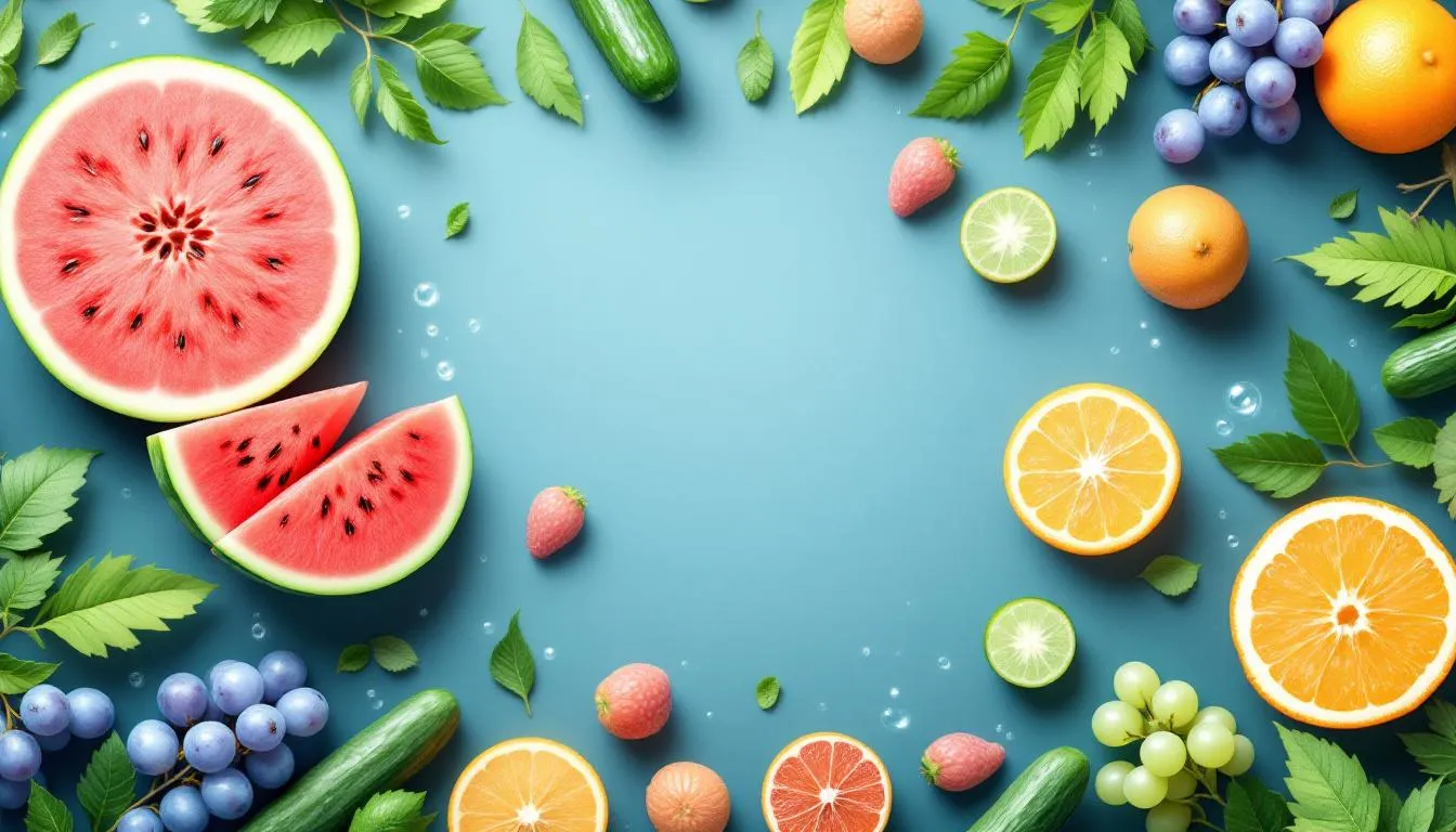 A variety of water-rich foods and drinks to promote hydration in older adults.