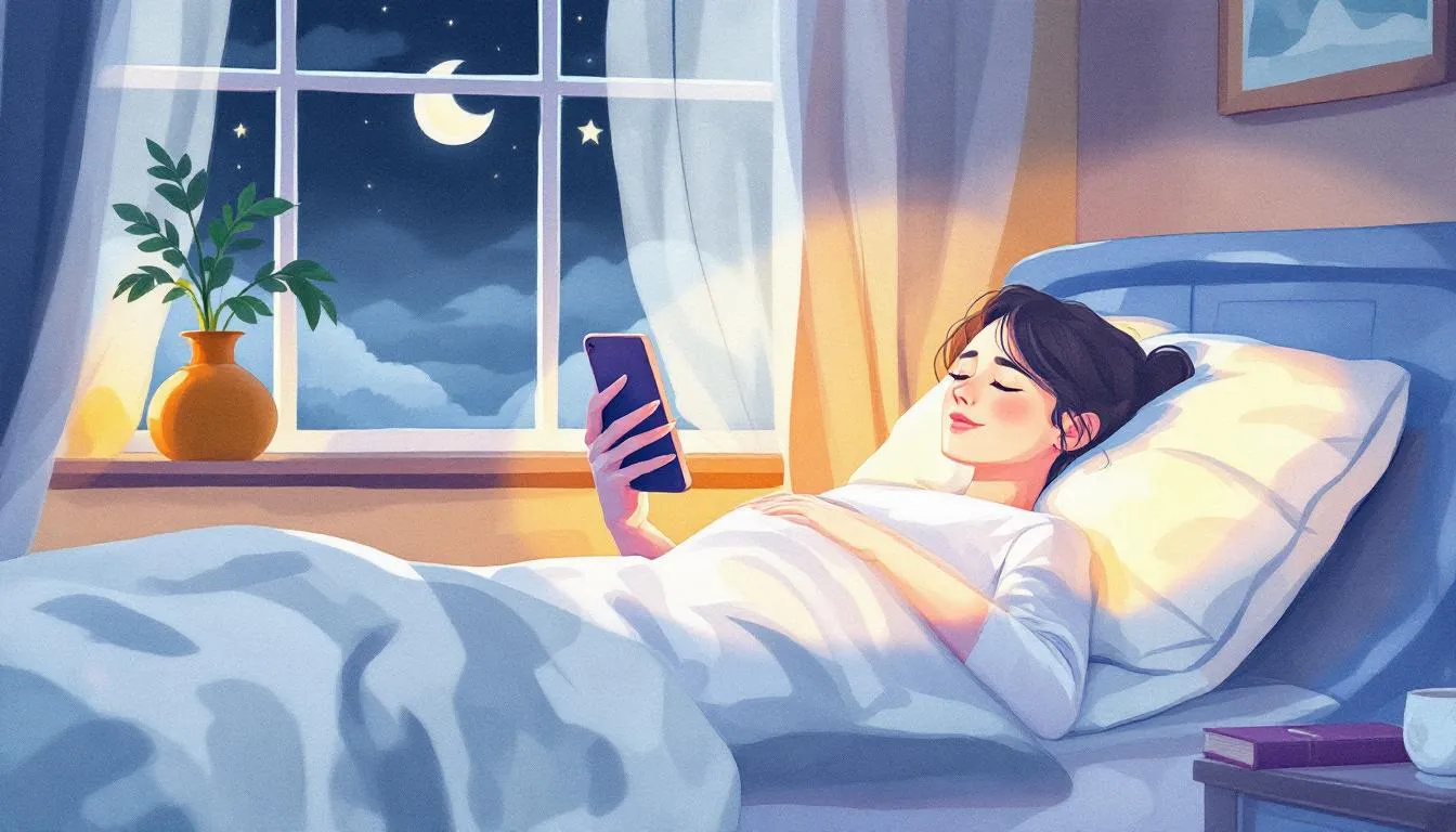 A person using a smartphone before bed, representing screen time limitations.