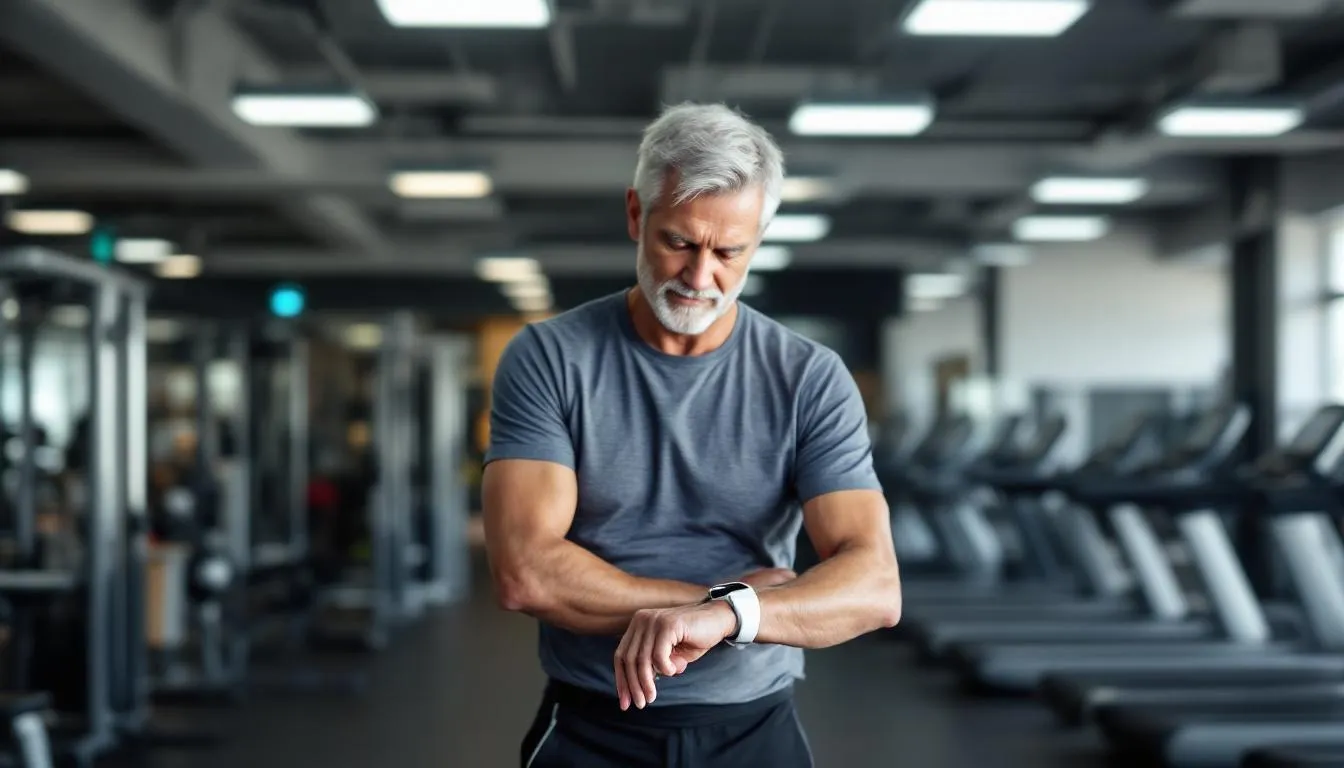 A person over 50 is checking their heart rate with a fitness tracker while engaged in a gym setting, likely after a strength training workout aimed at maintaining muscle mass and promoting overall health. This exercise routine emphasizes the importance of adequate recovery time and rest days to prevent injury and enhance muscle recovery for older adults.