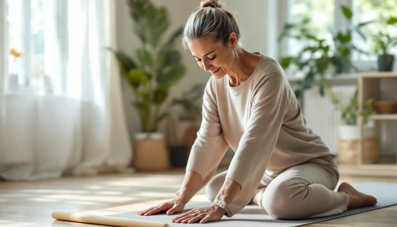 A person over 50 is practicing gentle yoga poses in a serene indoor setting, promoting relaxation and muscle recovery. This low-intensity exercise routine helps maintain muscle strength and overall health while reducing the risk of injury.