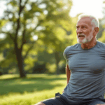 An older adult is exercising outdoors in natural sunlight, showcasing their strength and vitality through a full body workout that emphasizes muscle mass and overall health. This scene highlights the importance of strength training for older adults, promoting active recovery and adequate rest days for muscle recovery and injury prevention.