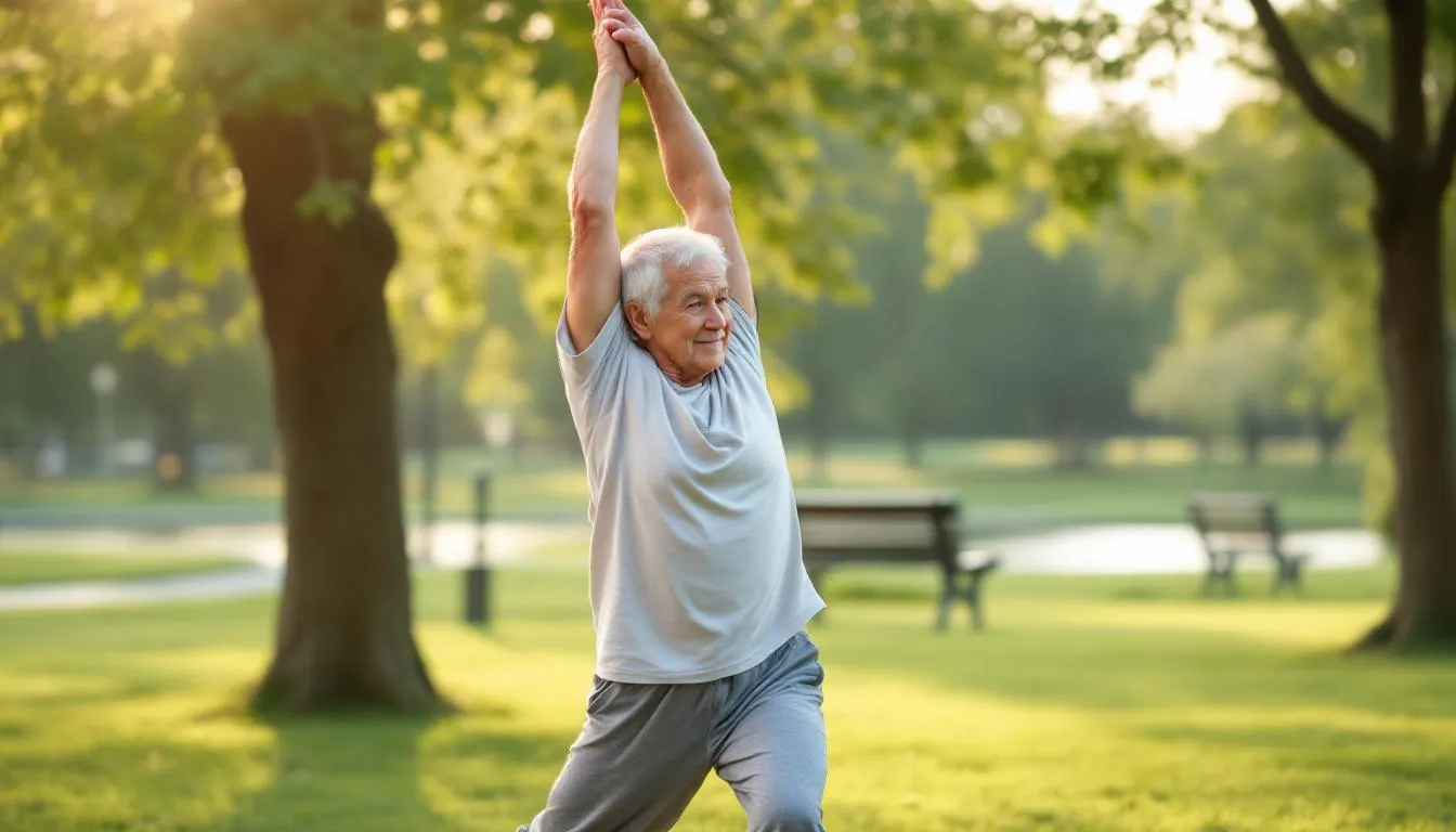 An older adult is performing gentle stretching exercises in a peaceful outdoor setting, focusing on various muscle groups to promote blood flow and enhance overall health. This low-intensity workout emphasizes the importance of adequate recovery and active recovery for older adults, helping to prevent injury and maintain muscle strength.