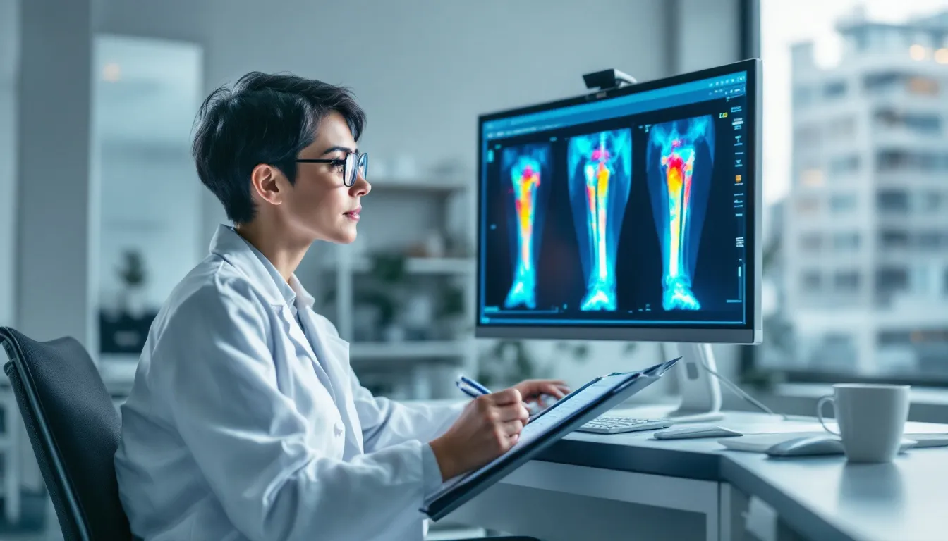 A scientist is intently examining a bone density scan, focusing on the results that indicate the strength and health of bones, which is crucial for older adults to combat age-related muscle loss and maintain muscle mass through effective strength training. The image highlights the importance of understanding bone density in relation to overall muscle power and development.