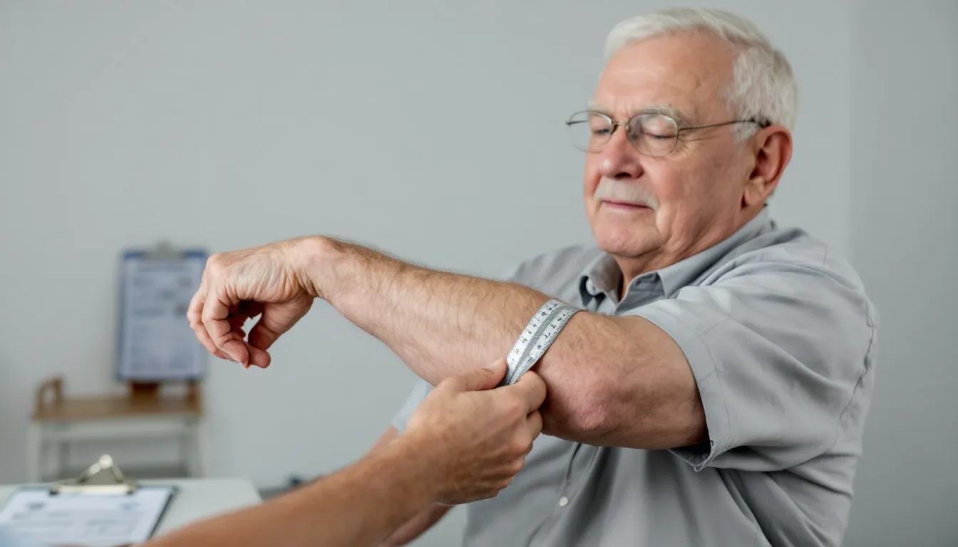 An older adult is measuring the muscle mass of their arm with a measuring tape, highlighting the importance of strength training for building muscle and combating age-related muscle loss. This action emphasizes the focus on muscle development and maintaining muscle strength in older adults.