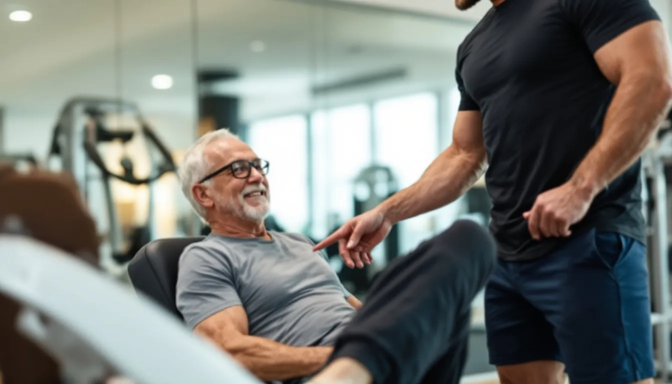 In the image, a trainer is assisting an older adult client by correcting their exercise form during a resistance training session, focusing on proper technique to enhance muscle strength and prevent age-related muscle loss. The trainer emphasizes the importance of good form while lifting weights to ensure effective muscle development and overall health benefits.