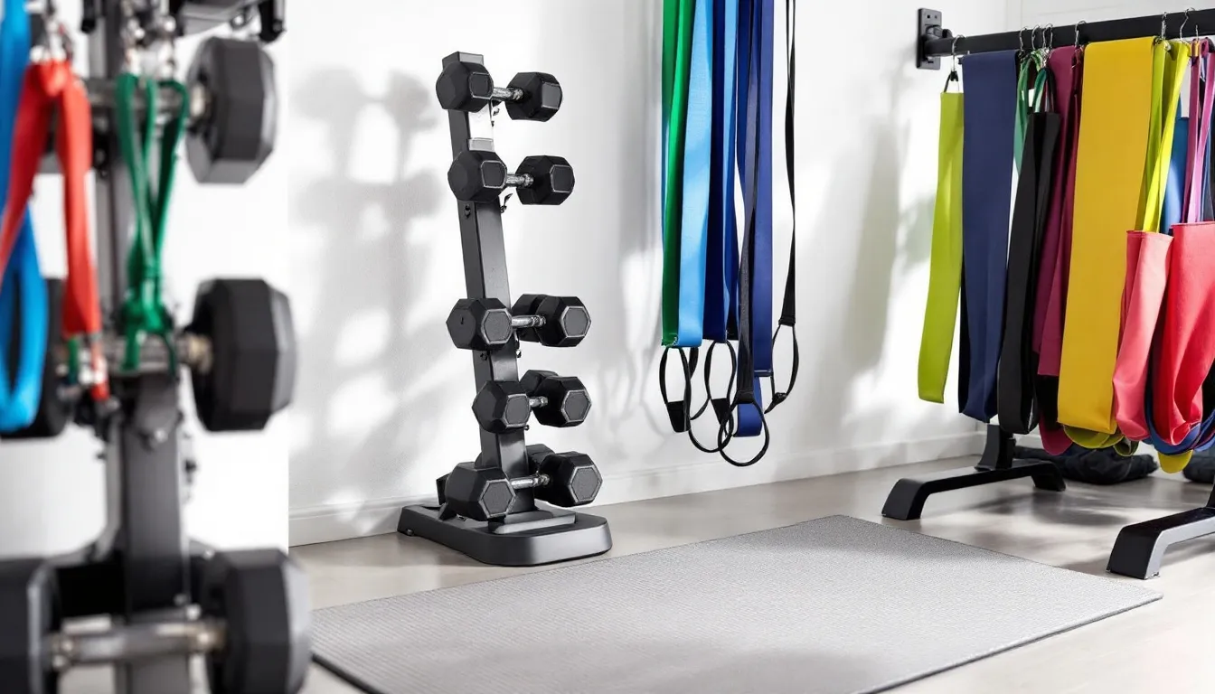 In this image, a home gym setup features a variety of equipment including dumbbells, resistance bands, and an exercise mat, all arranged to facilitate strength training. This environment promotes muscle development and helps combat age-related muscle loss, making it ideal for older adults looking to build muscle mass and enhance their overall health.