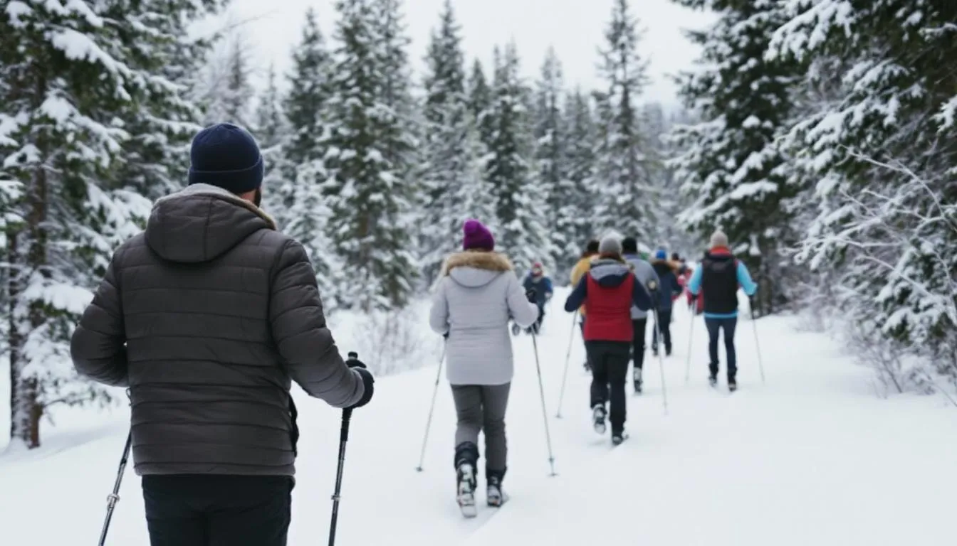 A group of people is cross-country skiing along a snowy trail, dressed in appropriate clothing to stay warm in the cold weather. This outdoor activity encourages staying active during the winter months while enjoying the beauty of the winter landscape.