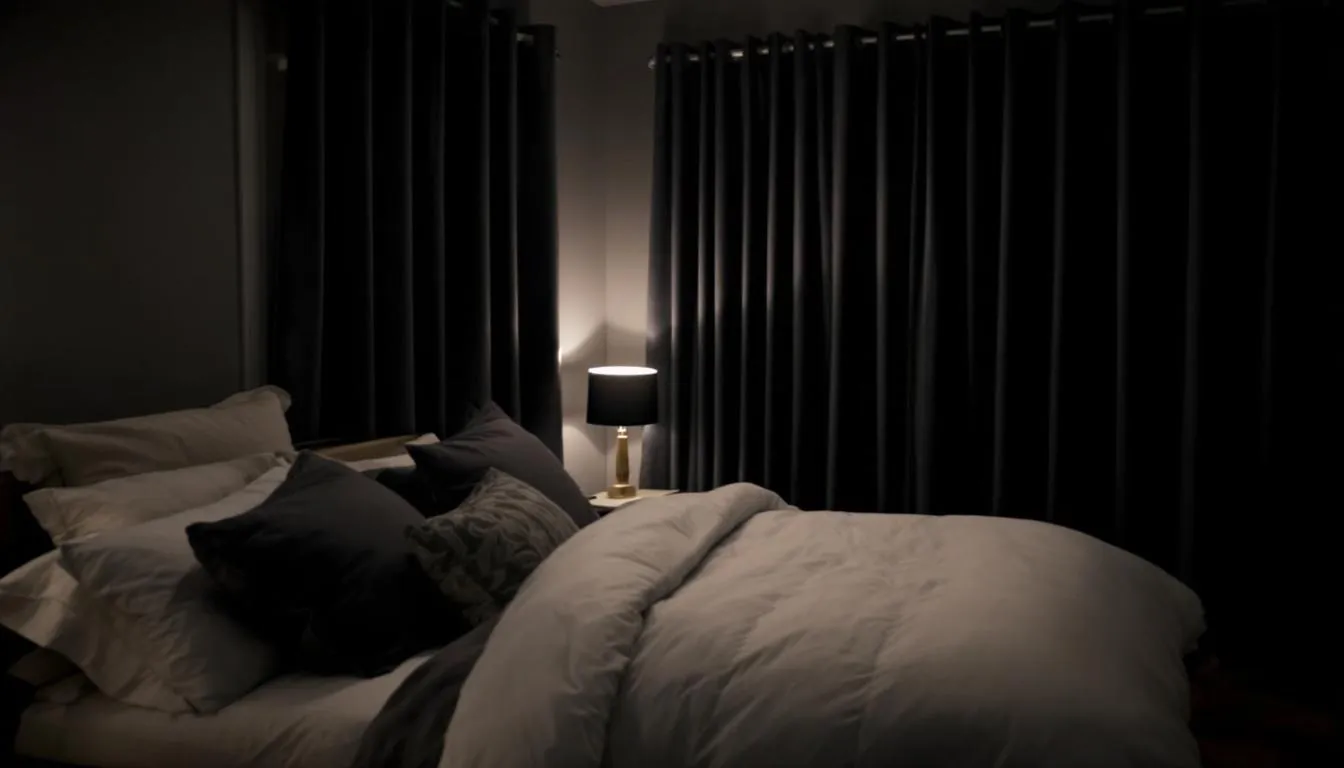 The image depicts a serene bedroom setup featuring blackout curtains, cozy bedding, and soft, dim lighting designed for optimal sleep. This tranquil environment promotes healthy hormone production and balance, essential for managing hormonal imbalances and enhancing overall well-being.
