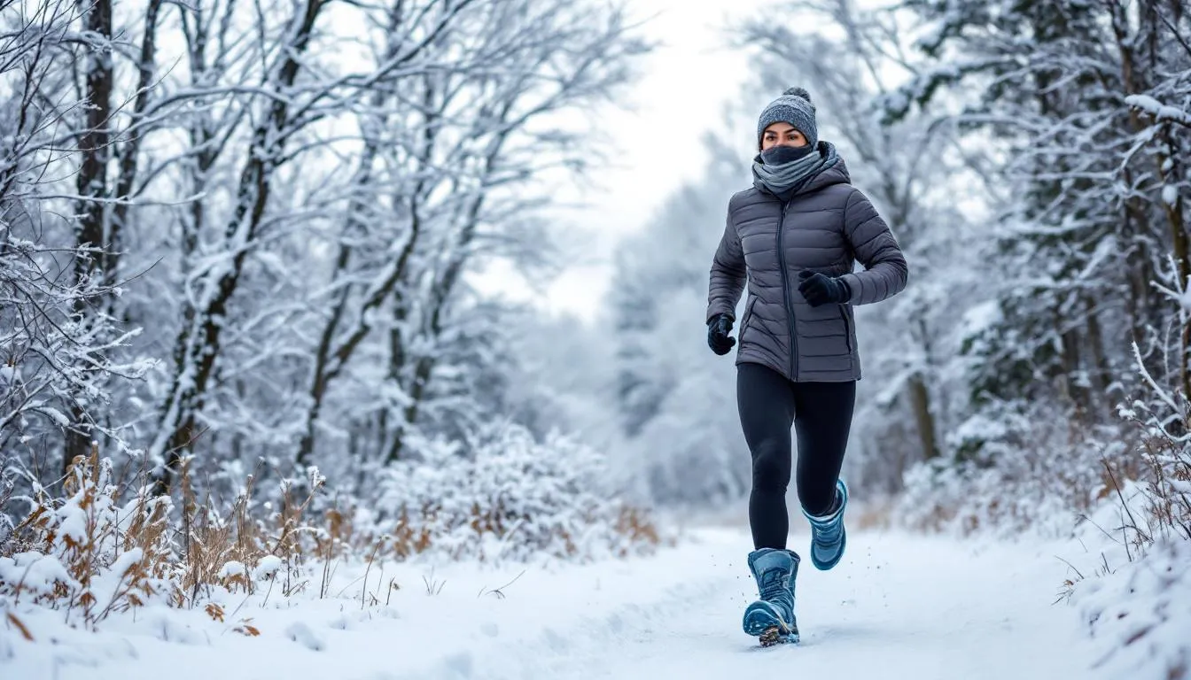 A person is jogging in warm winter gear, surrounded by snow-covered trees, demonstrating ways to stay active during the colder months. The scene captures the spirit of maintaining physical activity and heart health despite the chilly weather.