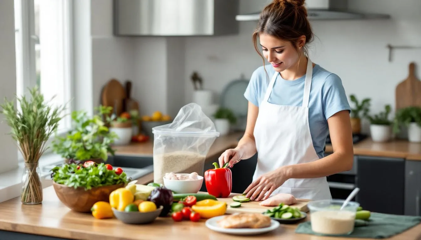 A woman is seen preparing a colorful and nutritious meal on a kitchen counter, filled with fresh vegetables and protein sources. This well-balanced diet supports hormone health and can help manage hormonal imbalances, contributing to overall well-being.
