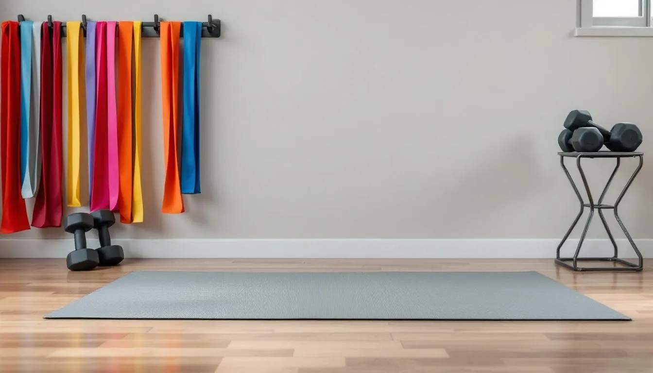 The image depicts a cozy home gym setup featuring a yoga mat, resistance bands, and dumbbells, perfect for staying active during the colder months. This space encourages physical activity and structured exercise, making it easy to maintain good health and heart health as winter approaches.