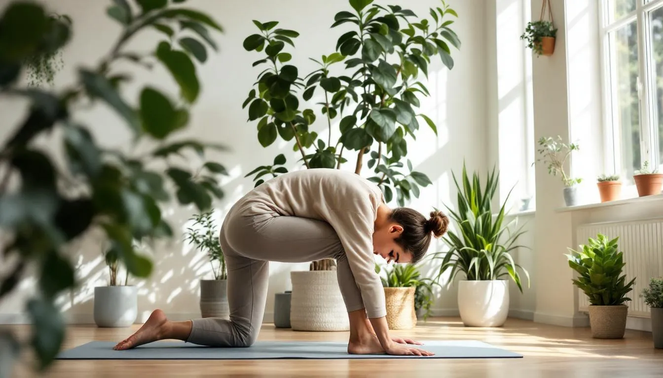 A person is performing gentle yoga stretches in a bright, airy room filled with plants, promoting a sense of calm and balance. This serene environment is ideal for enhancing hormonal health and managing stress, which can positively influence hormone levels and overall well-being.
