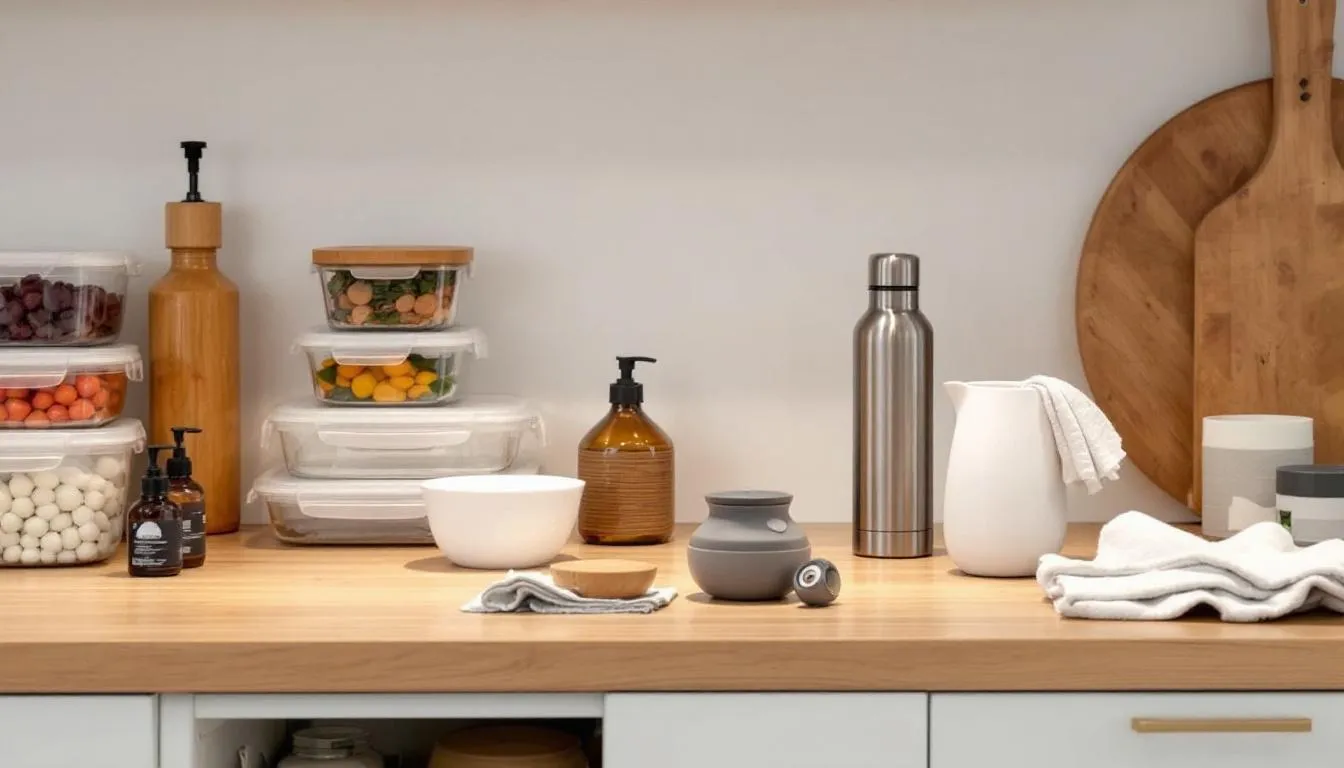 The image features glass food storage containers, a stainless steel water bottle, and natural cleaning products neatly arranged on a kitchen counter, promoting a healthy lifestyle that supports hormonal balance and overall health. These items reflect a commitment to maintaining a well-balanced diet and managing stress for optimal hormone health.