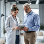 A healthcare provider is seated at a desk in a modern medical office, discussing test results with a patient. They are reviewing important information related to hormonal imbalances, hormone health, and potential lifestyle changes to help balance hormones and improve overall health.