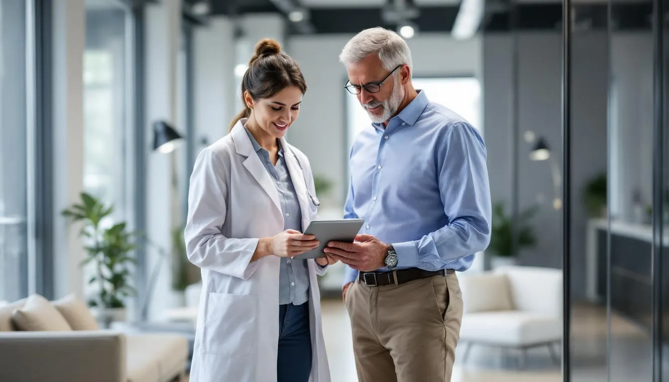 A healthcare provider is seated at a desk in a modern medical office, discussing test results with a patient. They are reviewing important information related to hormonal imbalances, hormone health, and potential lifestyle changes to help balance hormones and improve overall health.