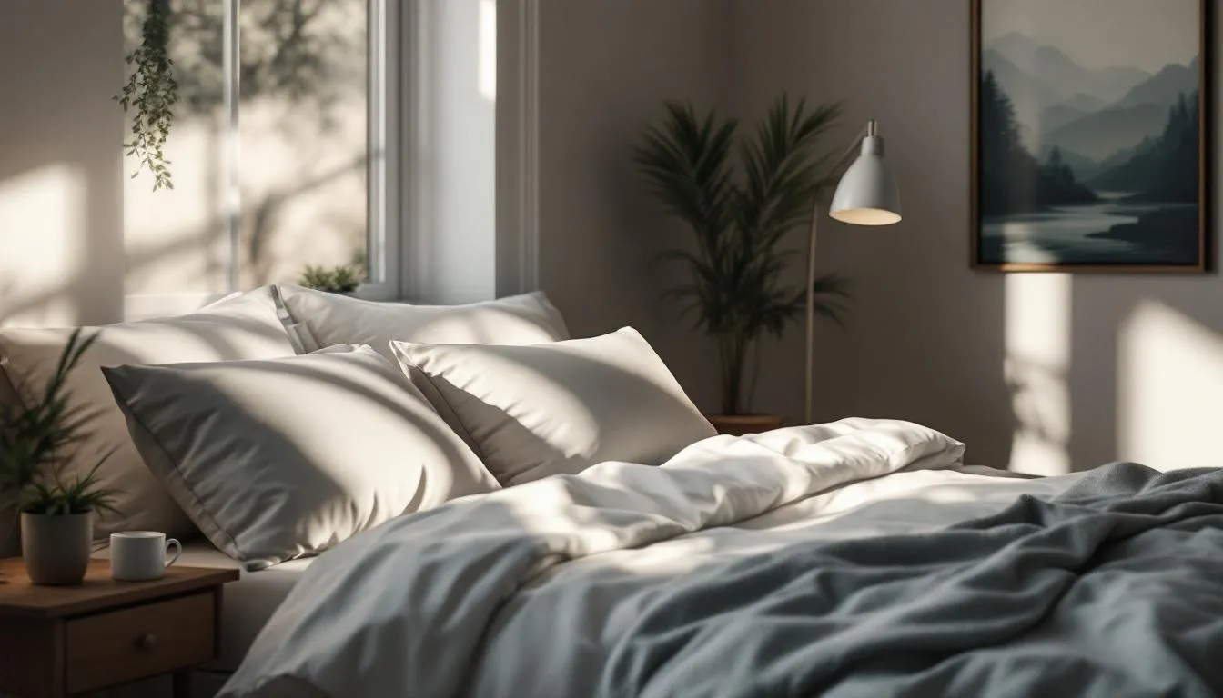 The image depicts a serene bedroom setup featuring soft, comfortable bedding, gentle dim lighting, and calming decor elements that promote relaxation and quality sleep. This peaceful environment is ideal for self care, supporting good mental health and managing stress, especially for women over 50 navigating life changes.