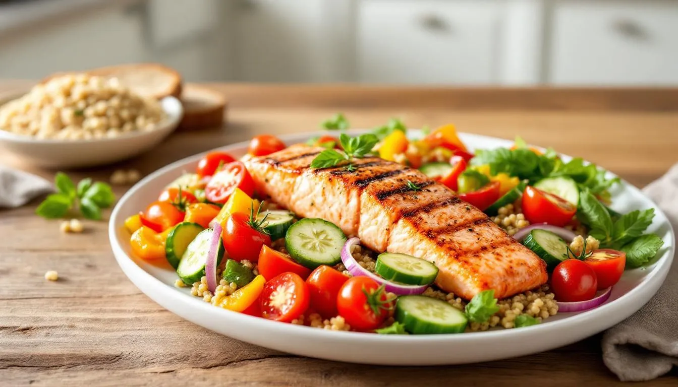 The image features a vibrant Mediterranean-style meal on a white plate, showcasing grilled salmon, an array of colorful vegetables, and a serving of whole grains, emphasizing healthy eating habits that support women's health and promote heart health. This balanced dish is ideal for maintaining a healthy weight and managing stress, contributing to overall physical health and well-being.