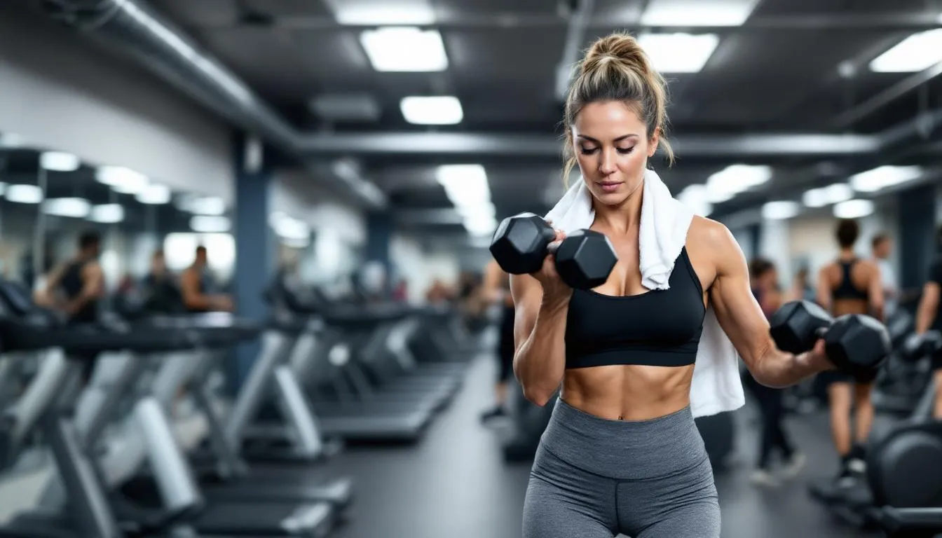 A woman in her 50s is engaged in strength training exercises with dumbbells in a bright gym, focusing on maintaining her physical health and supporting bone health. This scene highlights the importance of staying active and incorporating healthy habits into her routine to manage stress and promote overall well-being.