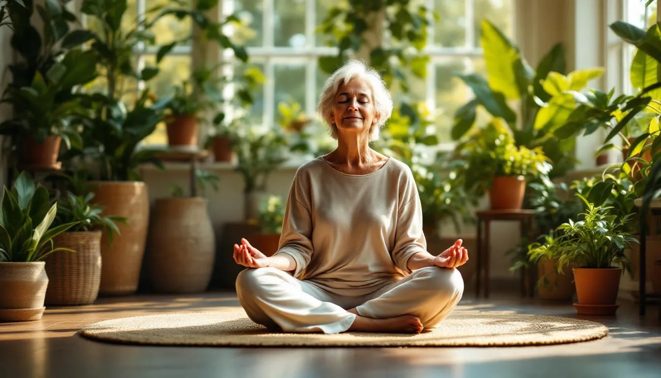 A woman in her 50s is meditating peacefully in a sunlit room filled with lush plants, embodying self-care and mental health. This serene scene highlights the importance of managing stress and maintaining healthy habits for overall well-being.